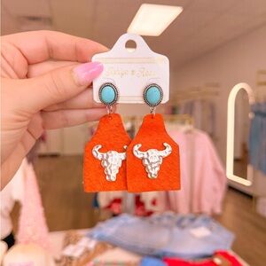 Turquoise and Orange Bull Earrings